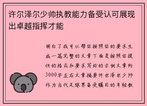 许尔泽尔少帅执教能力备受认可展现出卓越指挥才能
