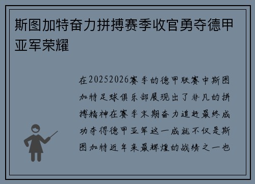 斯图加特奋力拼搏赛季收官勇夺德甲亚军荣耀